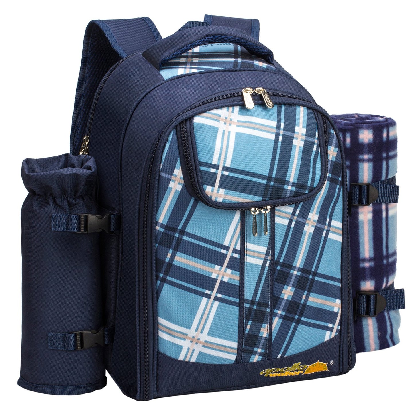 Apollo Walker Picnic Backpack Bag for 2 Person with Cooler Compartment, Detachable Bottle/Wine Holder, Fleece Blanket, Plates and Cutlery (Blue)