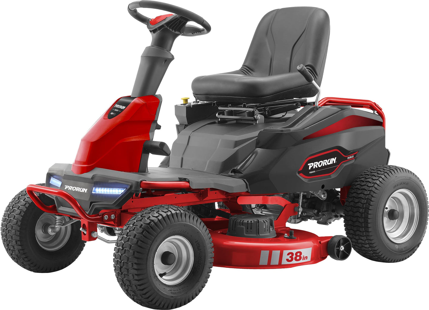 PRORUN 48V 38-in. Steel Deck Brushless Riding Lawn Mower with 75 Ah Battery and Charger