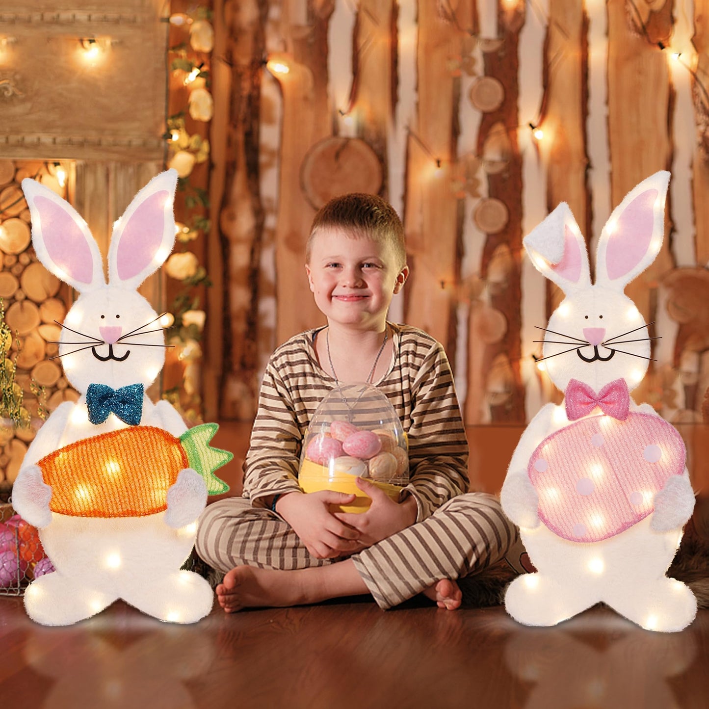 Sancodee Lighted Easter Bunny Decoration, Pre-lit 2D Plush Rabbit with Carrot and Egg, Easter Decor for Indoor Outdoor Home Yard Patio Lawn Garden