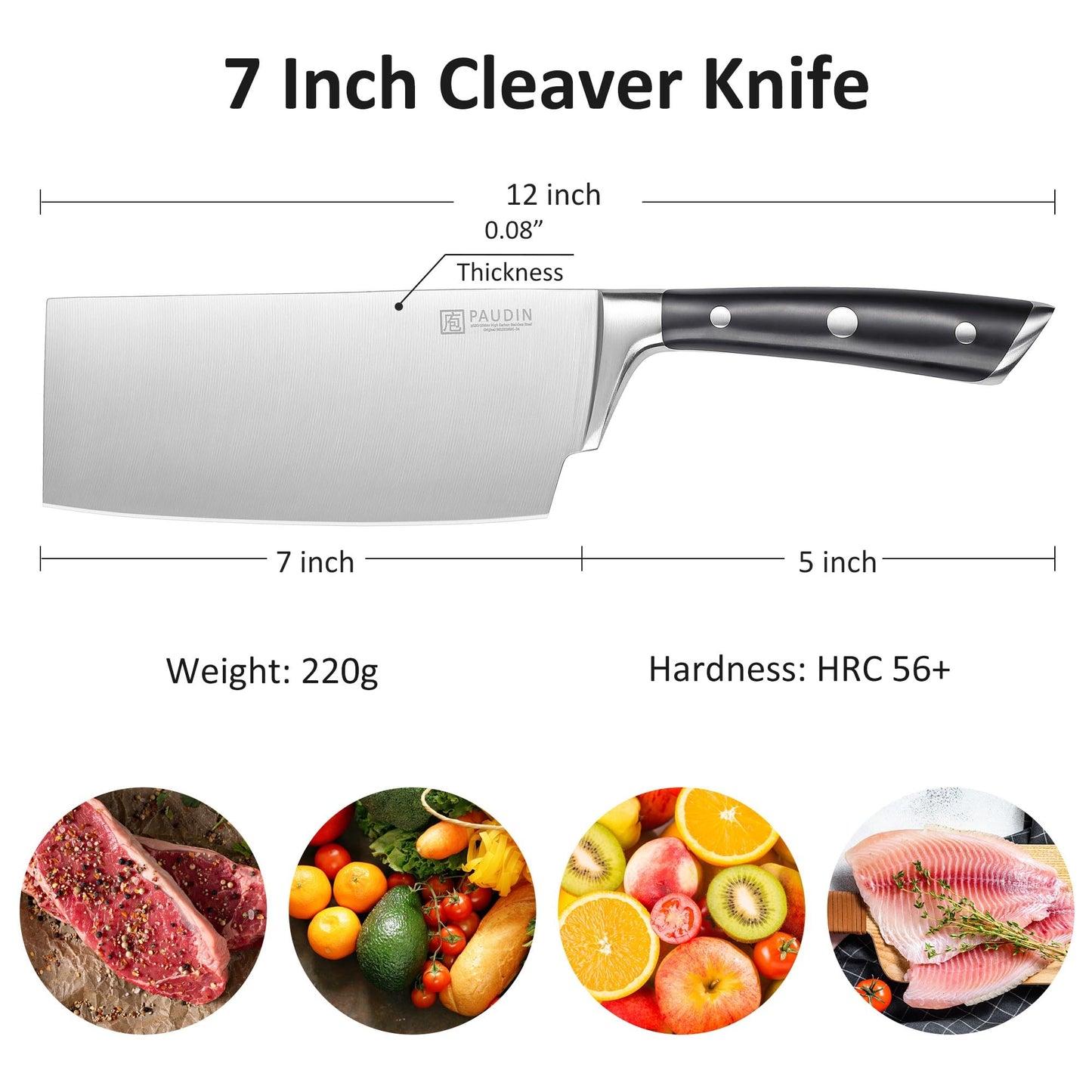 PAUDIN Cleaver Knife, Switzer Chinese Chef Knife 7 Inch, High Carbon Stainless Steel Butcher Knife with ABS Handle, Kitchen Knife for Meat Cutting Vegetable Slicing