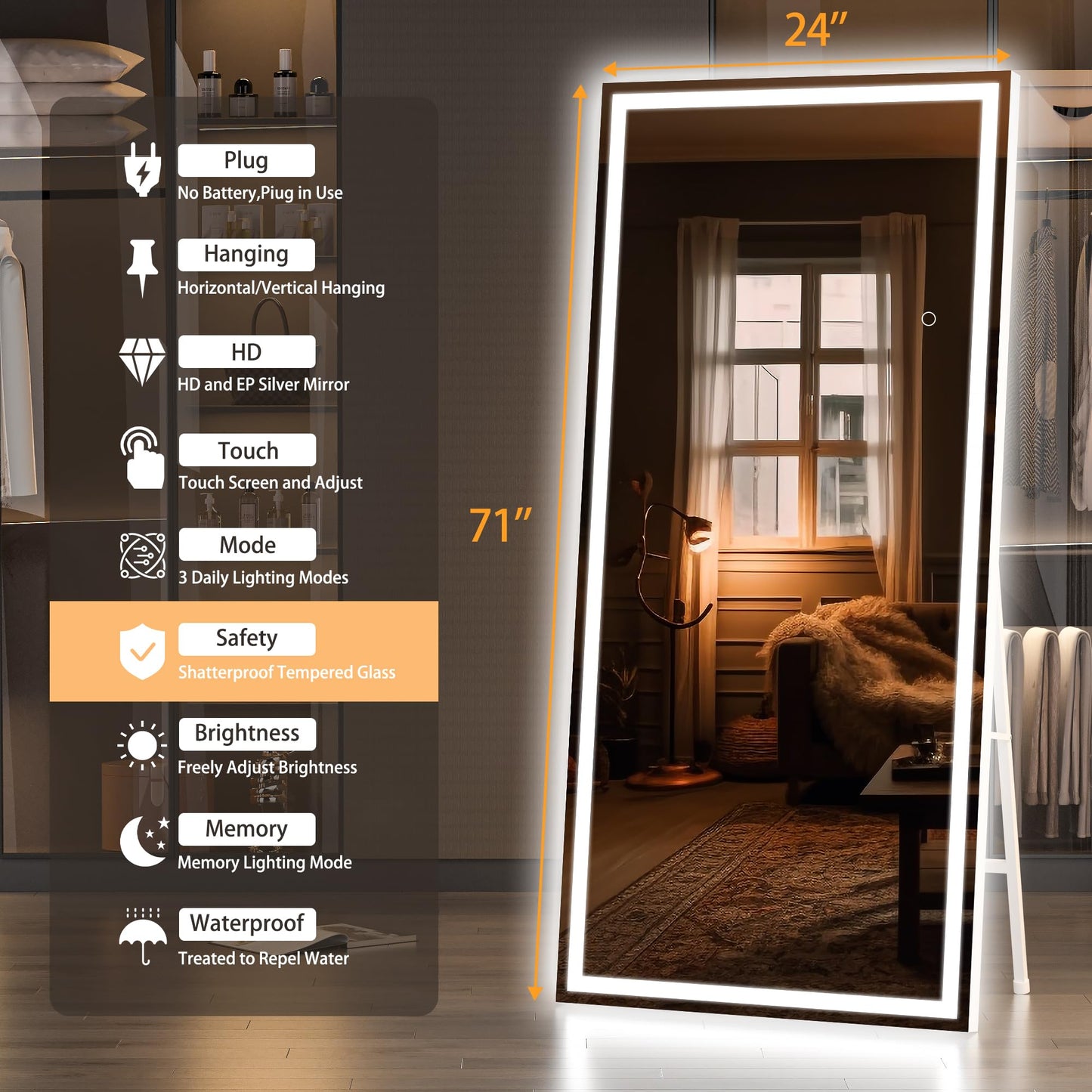 Hasipu Full Length Mirror with Lights, 71" x 24" LED Lighted Floor Standing Mirror, Full Body Dressing Hanging Mounted Mirror, Dimmable, Tempered Glass, Safe to Use, Square White