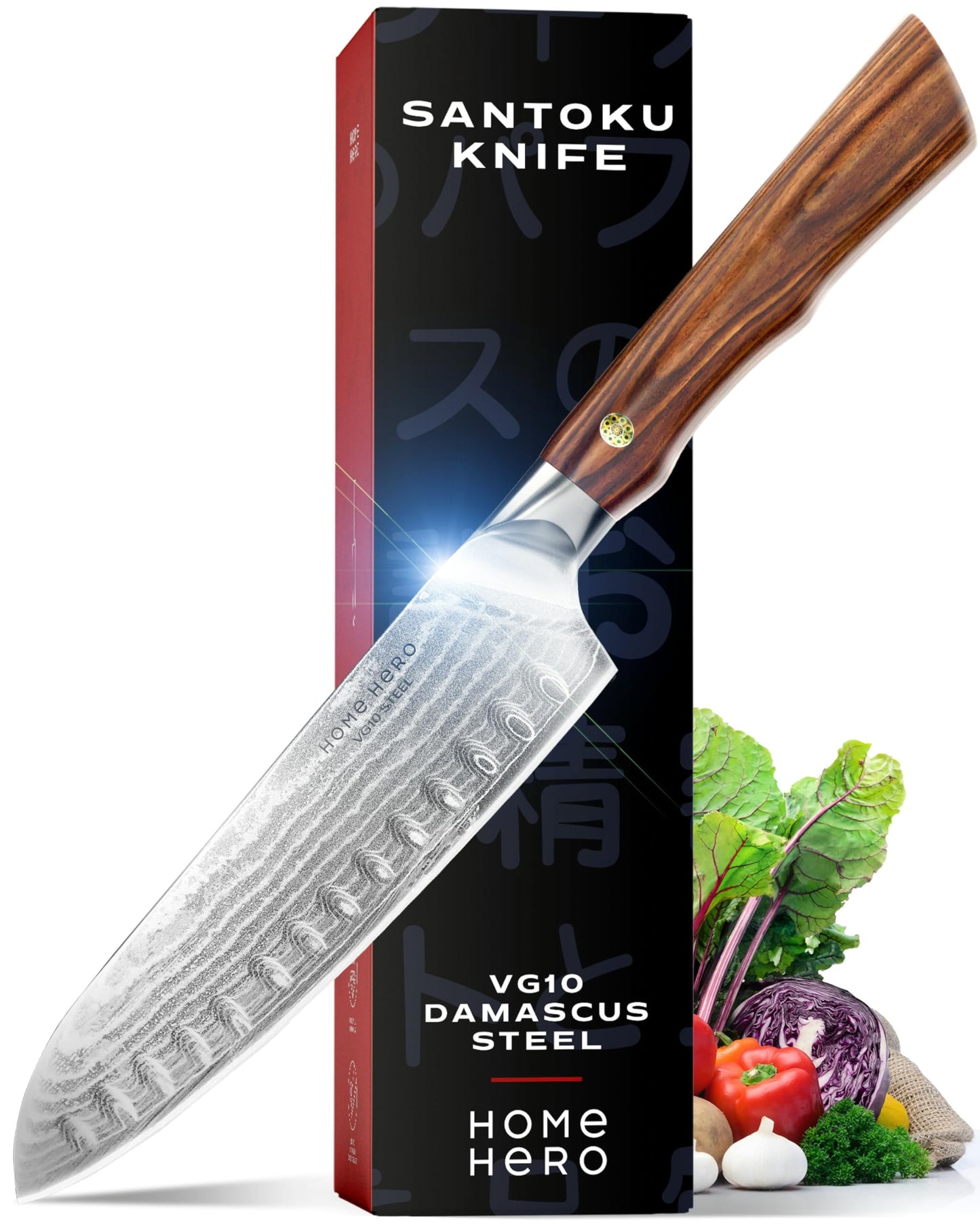 Home Hero Japanese Santoku Knife Collection - VG10 Damascus Steel Rivet Ultra Sharp 67 Layers Kitchen Knife with Ergonomic Rosewood Handle - Unique Gift for Men & Women (7 Inch)