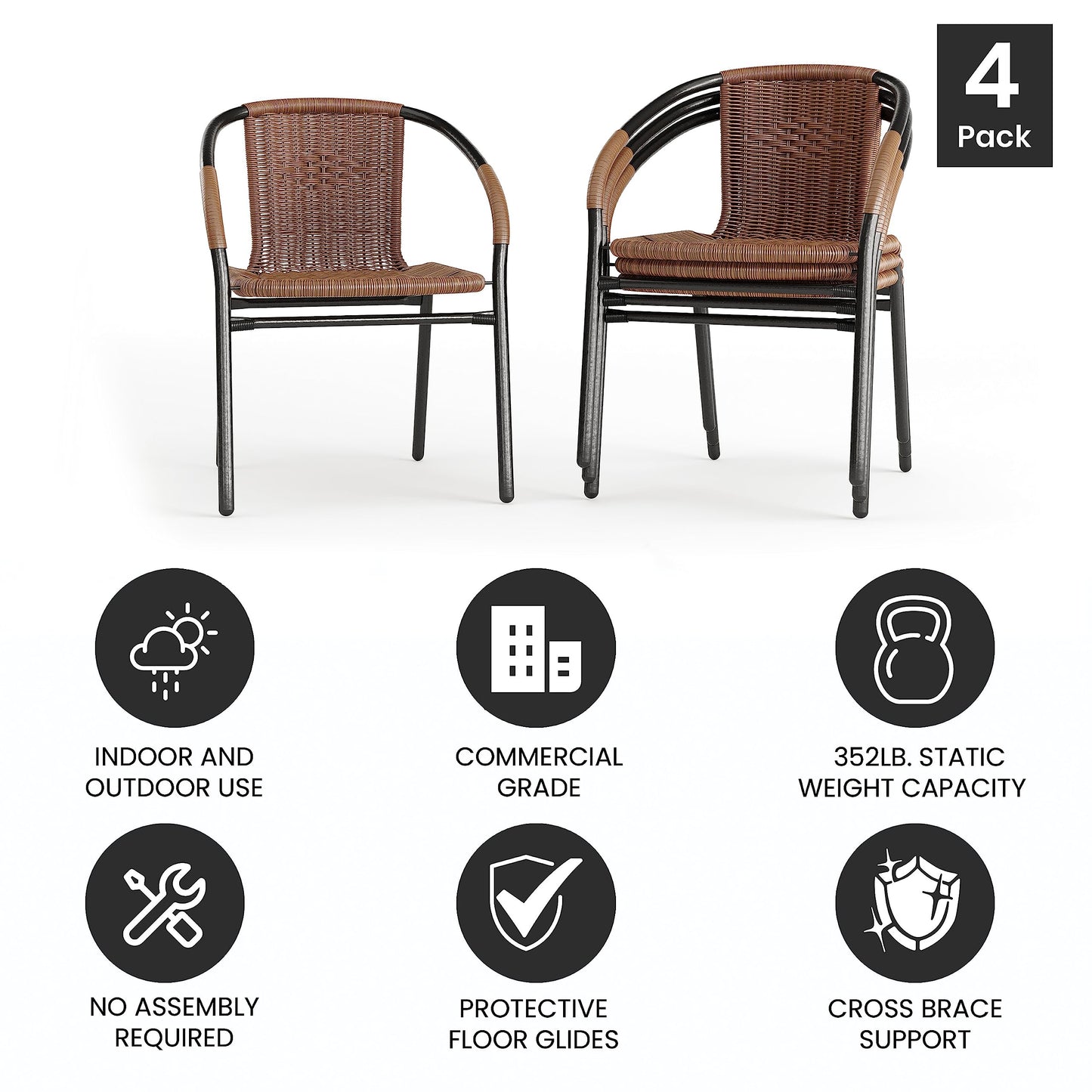 Flash Furniture Lila Modern Rattan Indoor/Outdoor Stackable Dining Chairs, Stacking Rattan Bistro Chairs for Patio or Restaurant, Set of 4, Brown