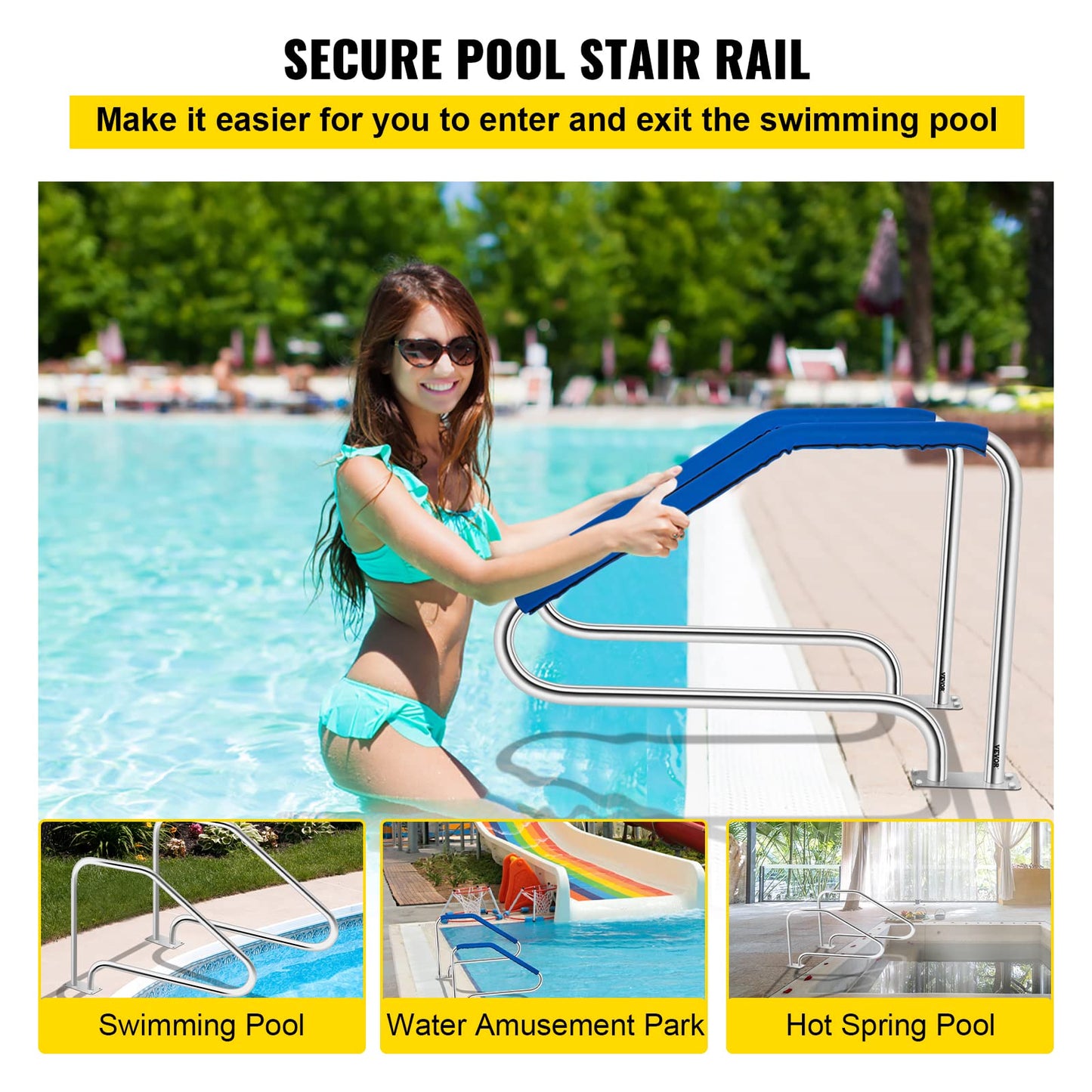 VEVOR Pool Handrail, 49.4" x 34" Swimming Pool Stair Rail, 304 Stainless Steel Stair Pool Hand Rail Rated 375lbs Load Capacity, Pool Rail with Quick Mount Base Plate, and Complete Mounting Accessories