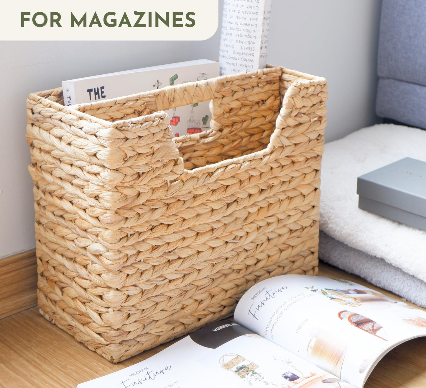 Chi An Home Wicker Magazine Basket, Water Hyacinth Organizer for Files, Books & Newspapers, Divided Rattan Basket with Handle, Skinny Storage for Dorm, Office, Living Room Essentials