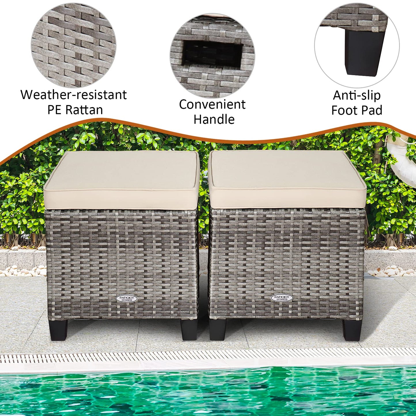 RELAX4LIFE 2-Piece Patio Rattan Ottomans - Outdoor Wicker Furniture w/ 2 Footrest Stools, Comfortable Cushions & Steel Metal Frame, All-Weather Patio Set for Backyard,Garden (White)