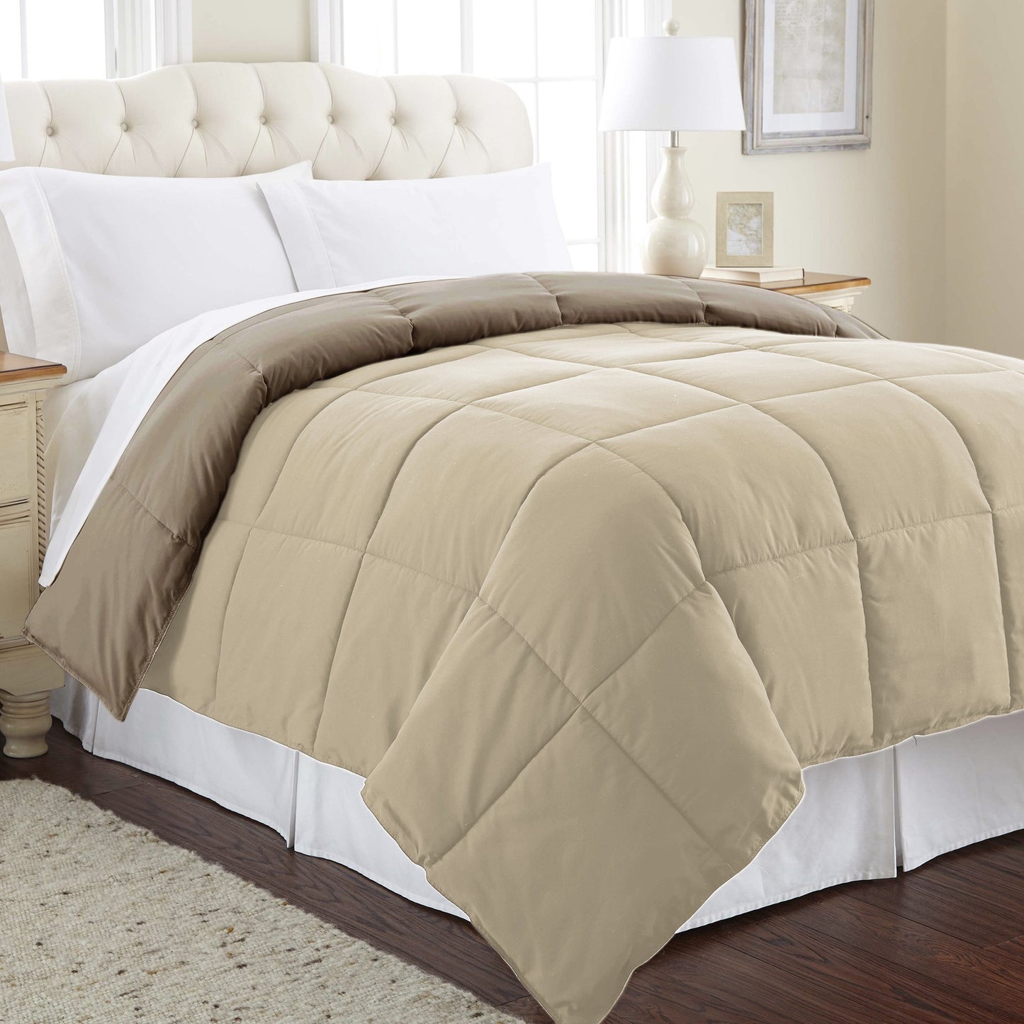 Modern Threads Down Alternative Microfiber Quilted Reversible Comforter & Duvet Insert - Soft, Comfortable Alternative to Goose Down - Bedding for All Seasons Stone/Champagne King