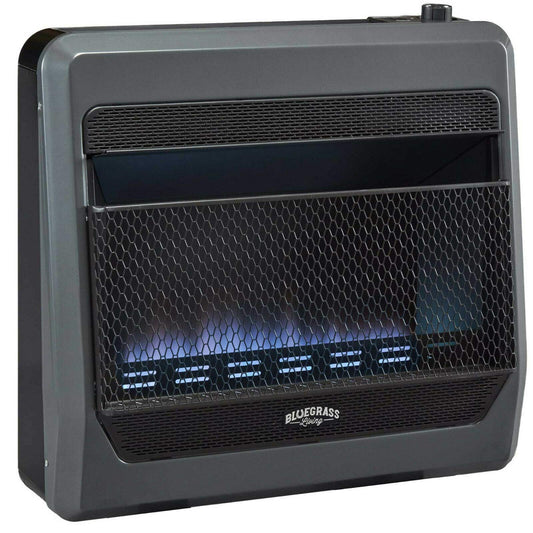 Bluegrass Living B30TPB-BB Ventless Propane Gas Blue Flame Space Heater with Thermostat Control, 30000 BTU, Heats Up to 1400 Sq. Ft., Includes Wall Mount, Base Feet, and Blower, Black