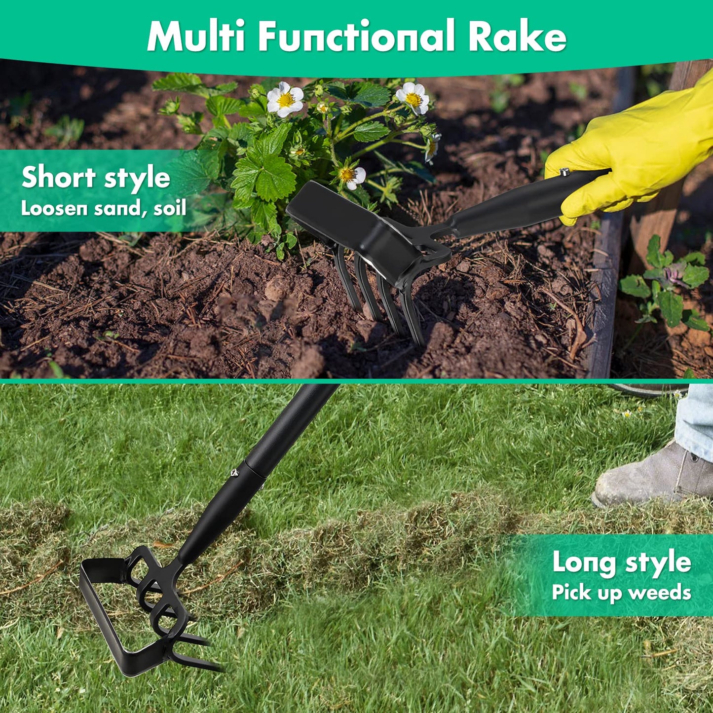 Garden Hoe- 62 Inch Long Stirrup Hoe Garden Tools Cultivator for Weeding, Heavy Duty Garden Hoe for Gardening Weeding with Adjustable Handle Scuffle Garden Hula Hoe with Rake,Loop Stirrup Hoe Weeder