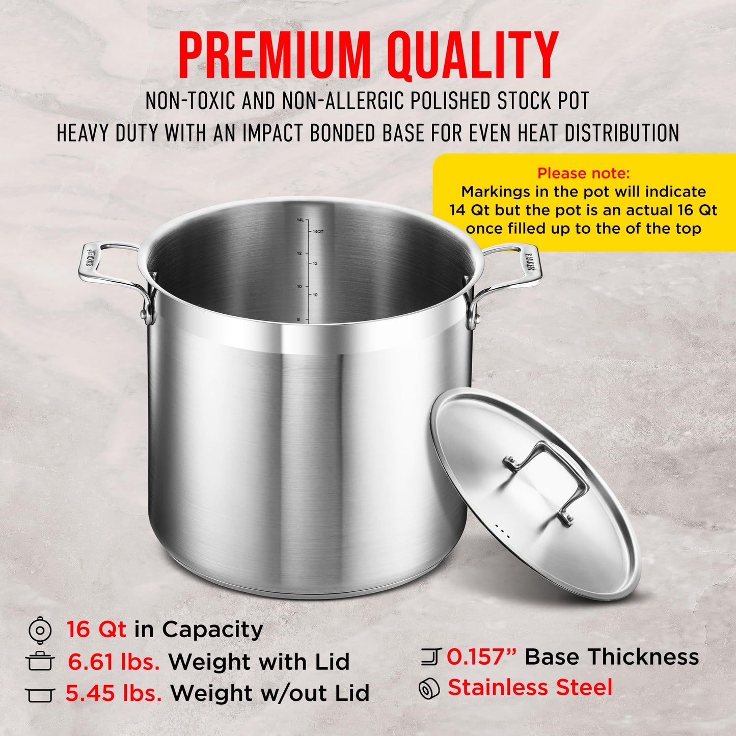 Stockpot – 16 Quart – Brushed Stainless Steel – Heavy Duty Induction Pot with Lid and Riveted Handles – For Soup, Seafood, Stock, Canning and for Catering for Large Groups and Events by BAKKEN