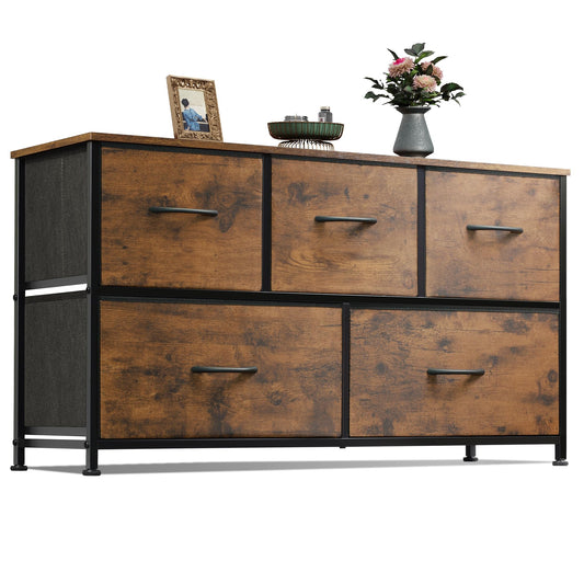 WLIVE Dresser for Bedroom with 5 Drawers, Wide Chest of Drawers, Fabric Dresser, Storage Organizer Unit with Fabric Bins for Closet, Living Room, Hallway, Rustic Brown Wood Grain Print