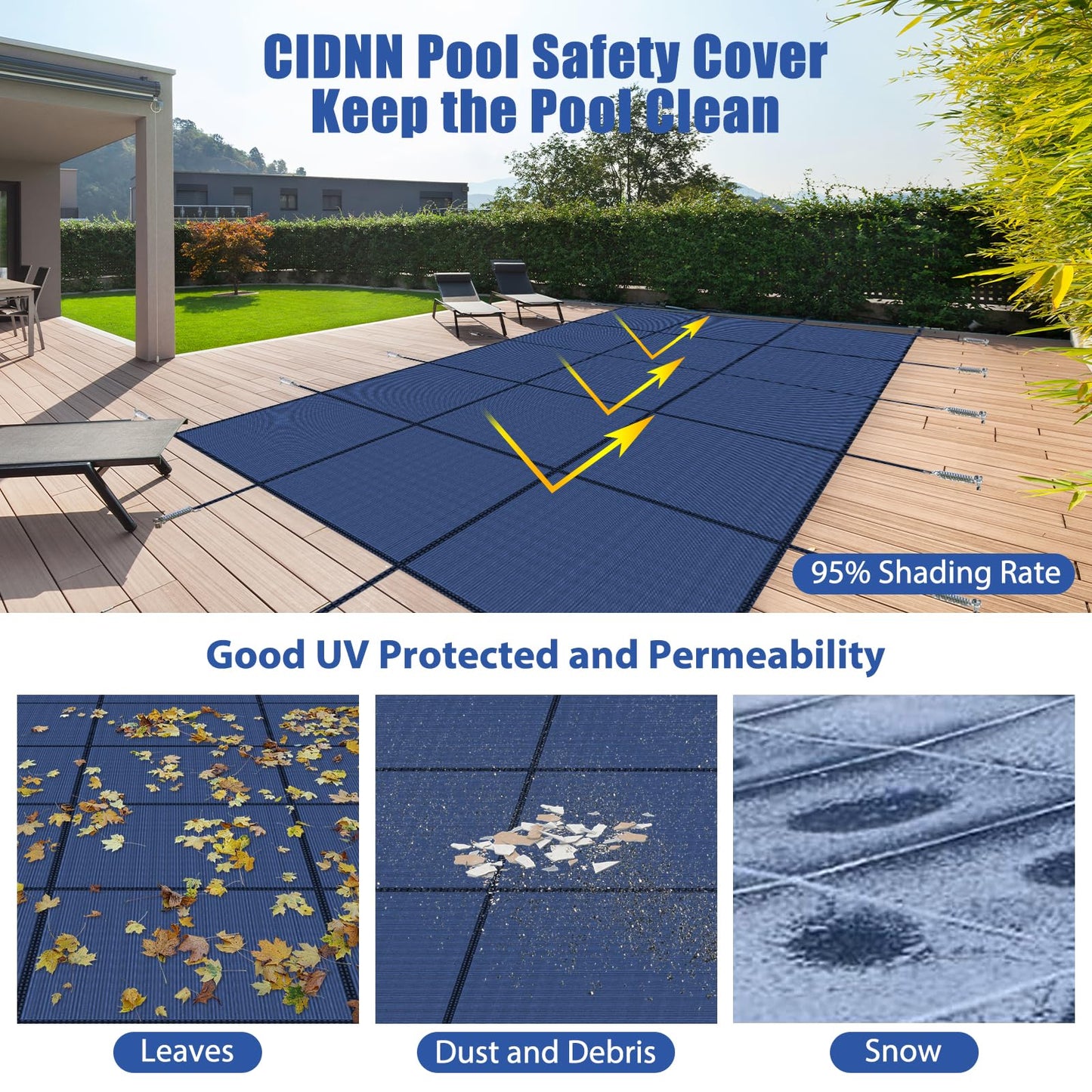 Inground Pool Cover Safety Fits Rectangle Swimming Pool, Mesh Solid Pool Cover for Inground Pools,Winter Pool Safety Cover Includes Safety Net and Installation Tools Blue (Blue, Fits 20x40ft Pools)