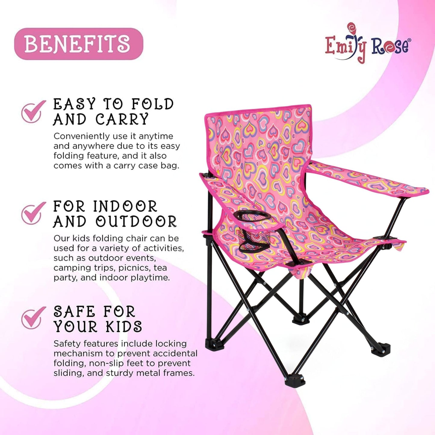 Emily Rose Kids Folding Chair | Beach Chair with Safety Lock- Camping Chair for Boyos Girls Toddler with Cup Holder & Carry Case- Tailgate, Travel, Lawn- for Indoor & Outdoor (Playful Hearts)