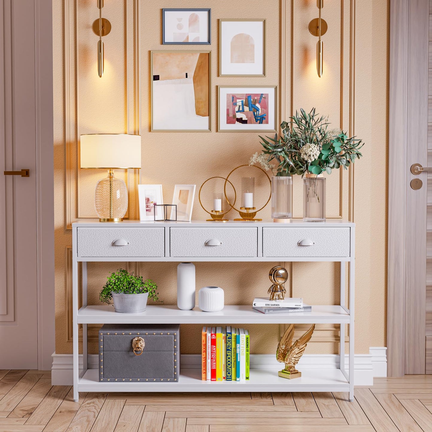 White Long 47" Console Sofa Table with 3 Drawers, Entryway Table with 3-Tier Storage Shelves, Display Shelf for Entry Way, Hallway, Couch, Living Room, Kitchen, Foyer