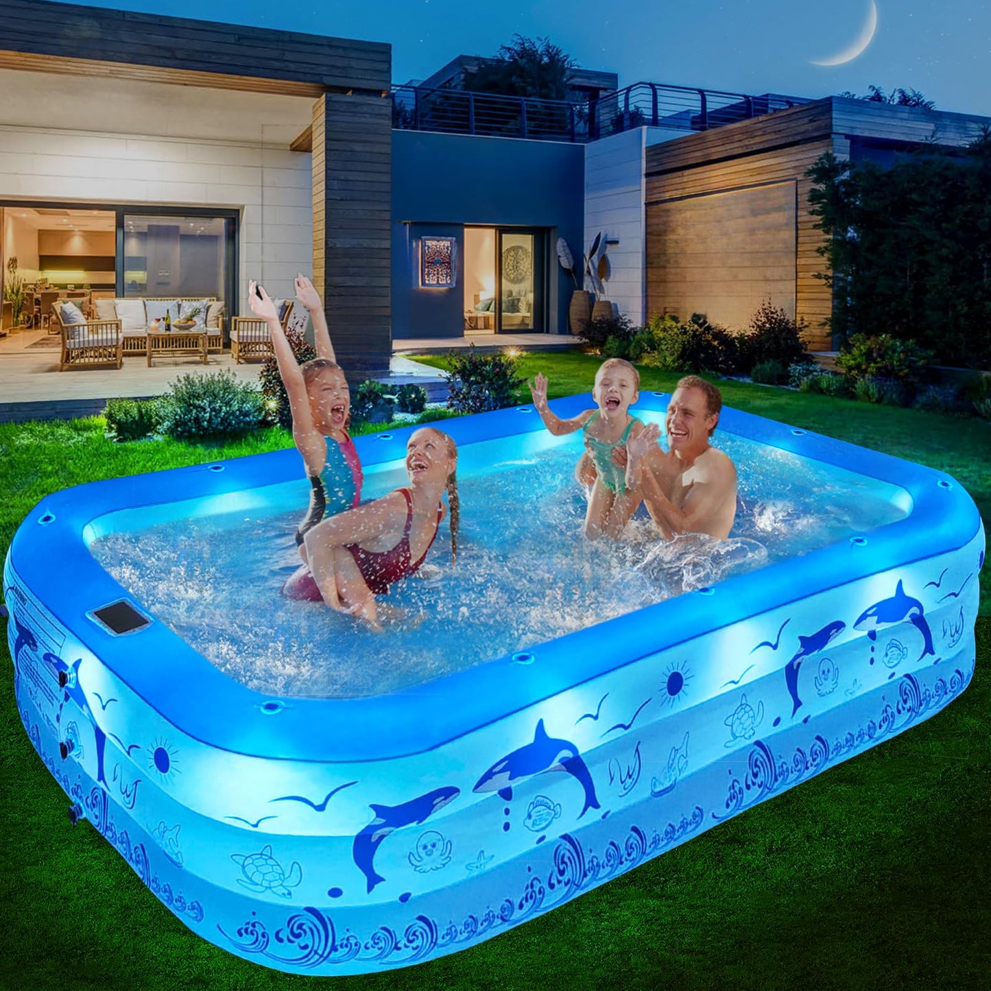 StarOcean Inflatable Pool with Lights,2024 Upgraded Family Inflatable Swimming Pool for Kids,Adults, BlowUp Pool Solar Powered,Large Kiddle Pool,106"x66"x26''Oversized Thickened Pool for Backyard-Blue