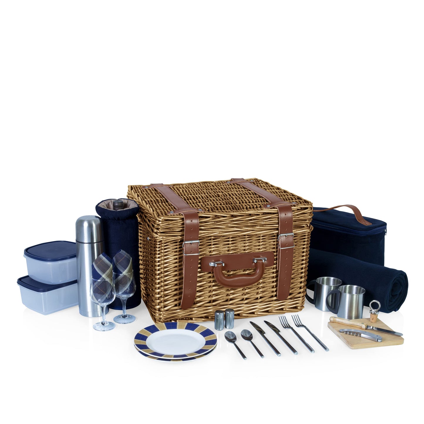 PICNIC TIME Romantic Canterbury Deluxe Wicker Picnic Basket Set for 2, with Blanket and Soft Cooler, One Size, Navy with Plaid