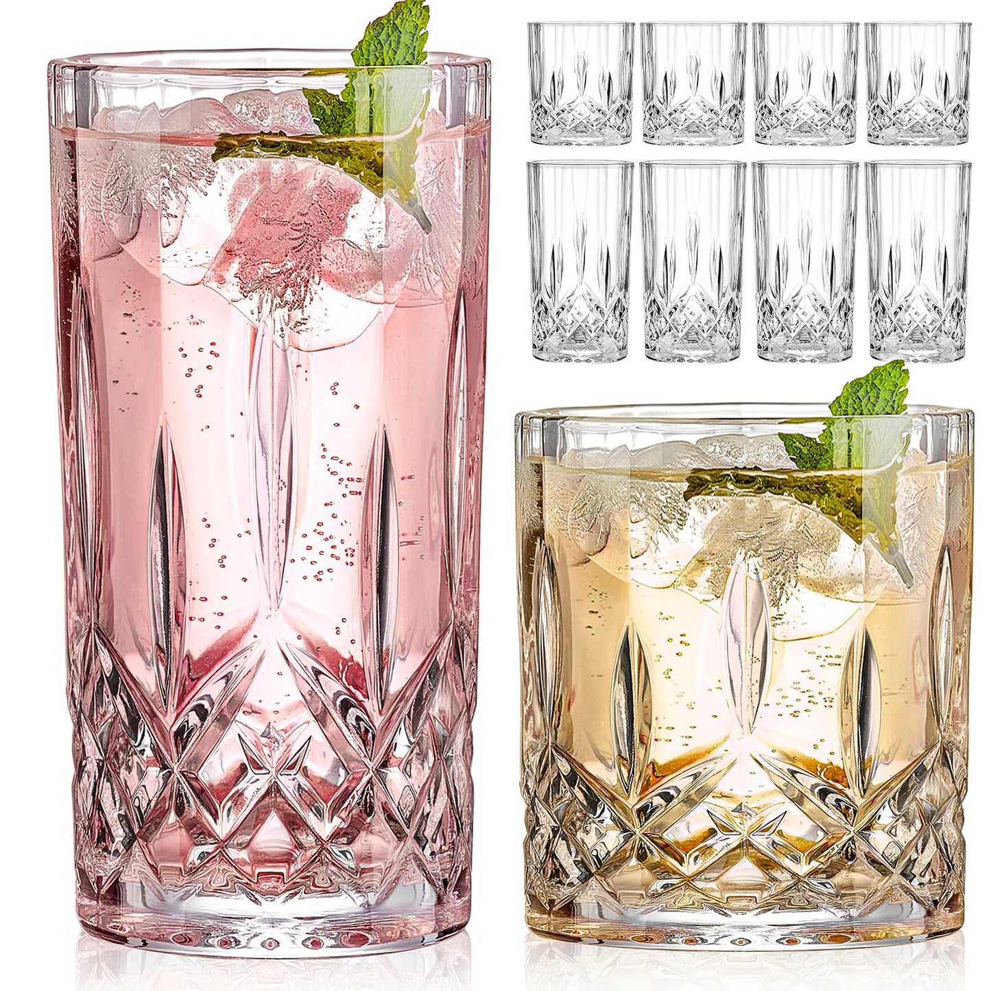 Qipecedm Drinking Glasses, 8 Piece Crystal Glass Cups, Mixed Glassware Set, 4 pcs Crystal Old Fashioned 11oz Highballs and 4 pcs 11oz Whiskey Glasses, Great for Cocktail, Whisky and other Beverages