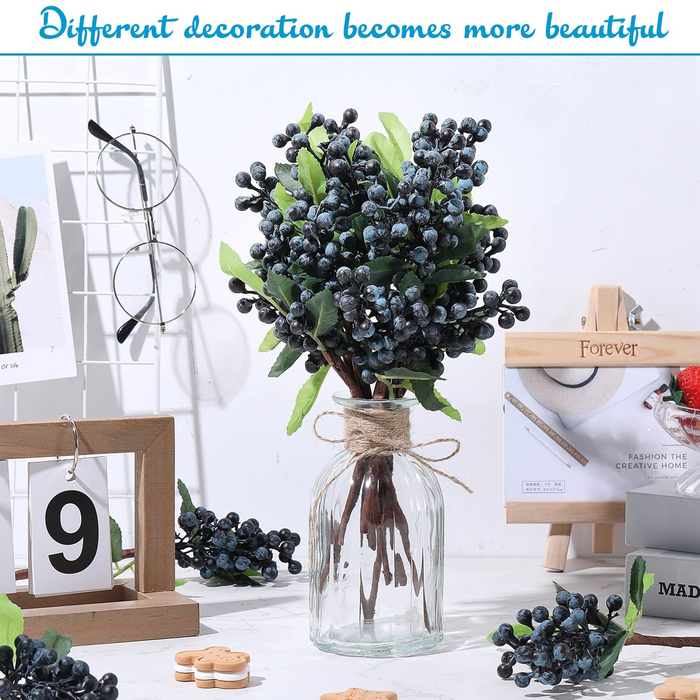 Yunsailing 30 Pcs Artificial Flowers Bulk, Faux Berry Stems Picks with Green Leaves,9.8 Inch Short Branch Artificial Flowers for Home Kitchen Wedding DIY Bridal Bouquet Party Decoration(Blue)