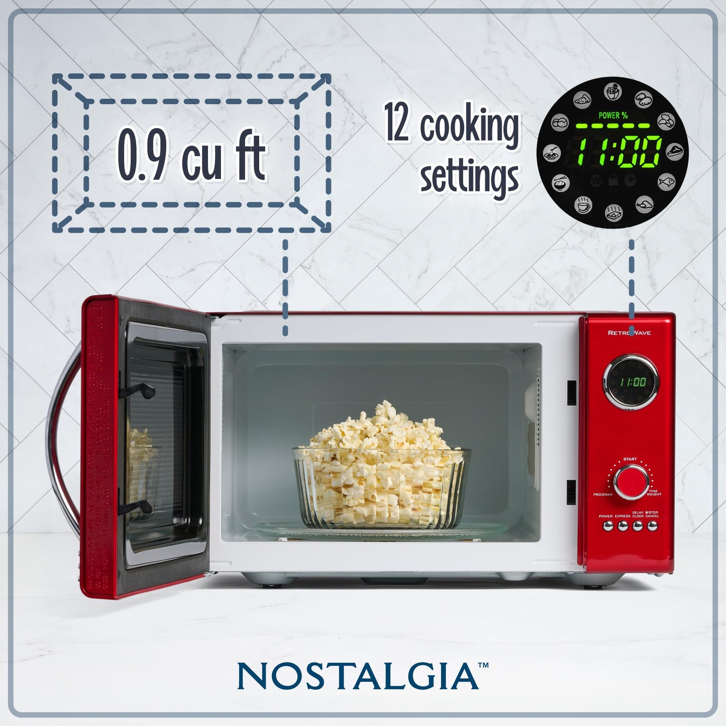 Nostalgia Retro Countertop Microwave Oven - Large 800-Watt - 0.9 cu ft - 12 Pre-Programmed Cooking Settings - Digital Clock - Kitchen Appliances - Metallic Red