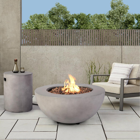 ReeQuo 2-Piece Outdoor Propane Fire Pit Table Set w/Tank Cover Table, 31.5-inch 50,000 BTU CSA Certification Bowl Concrete Firepit SUS201 Round Burner with Steel Lid, Lava Rocks, Rain Cover…