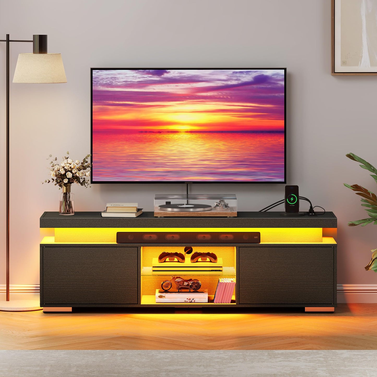 YITAHOME TV Stands for Living Room, 65 55 50 inch TV Stand, Modern Entertainment Center w/Power Outlets, LED Television Stands with Storage, Wood TV Stand, Gaming Media Stand, Black