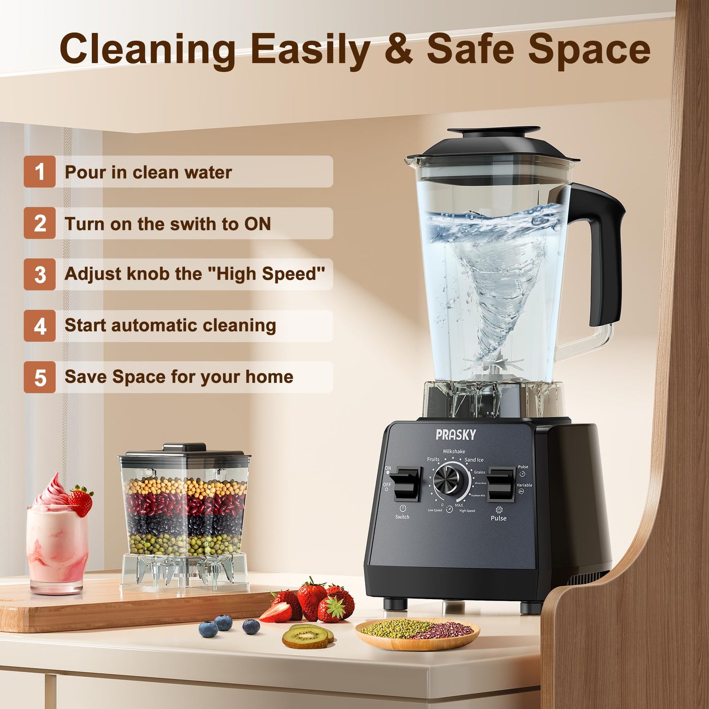 Professional Blender, Smoothies Blender, PRASKY 2400W Blender and Grinder Combo 25000RPM Powerful Blenders Kitchen 68oz BPA Free 2 Containers Countertop Blenders Ice, Grinding, Juice, Shakes