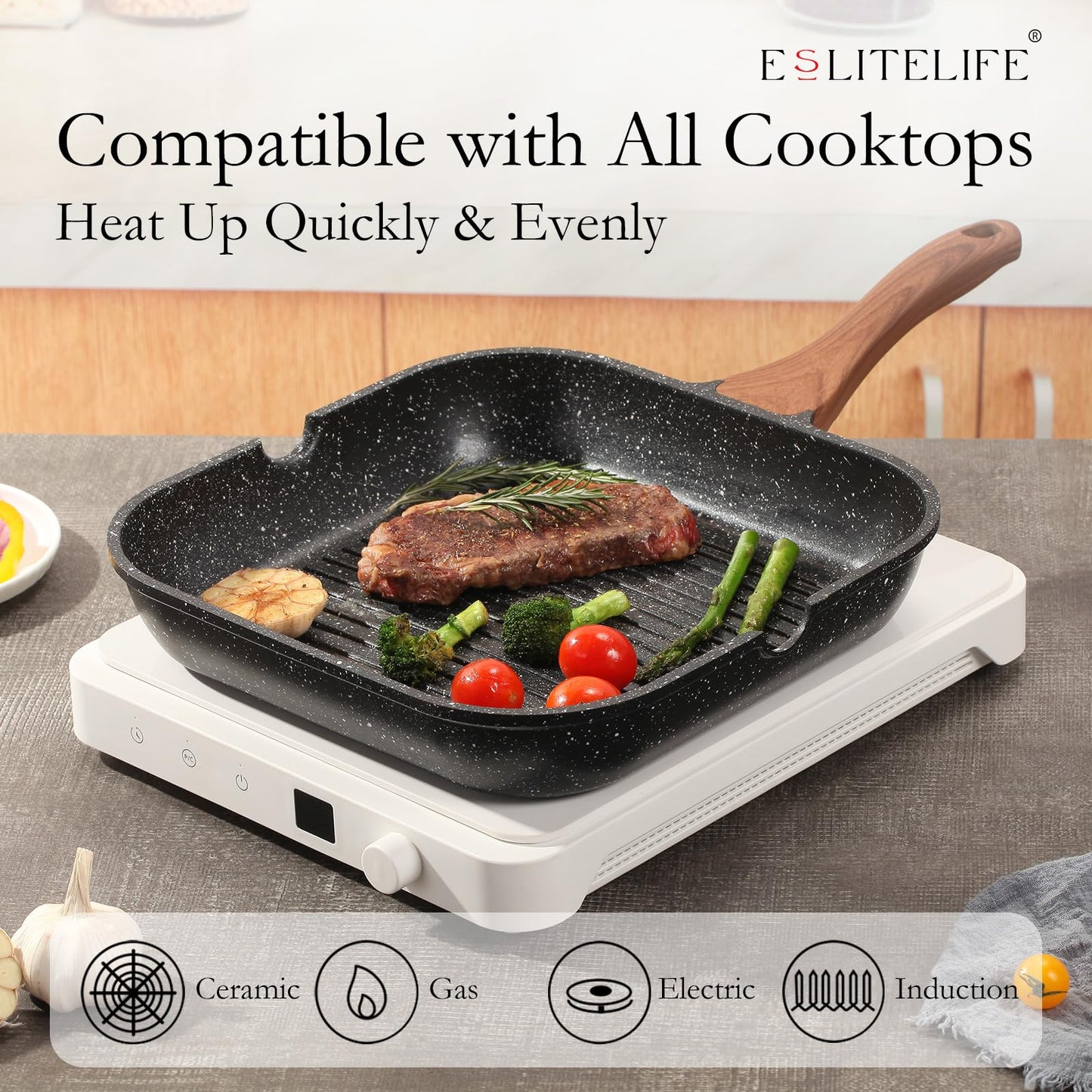 ESLITE LIFE 11 Inch Nonstick Grill Pan with Lid for Indoor Cooking, Versatile Induction Square Large Grilling Skillet Steak Pan for Stove Tops, PTFE & PFOA Free, Black