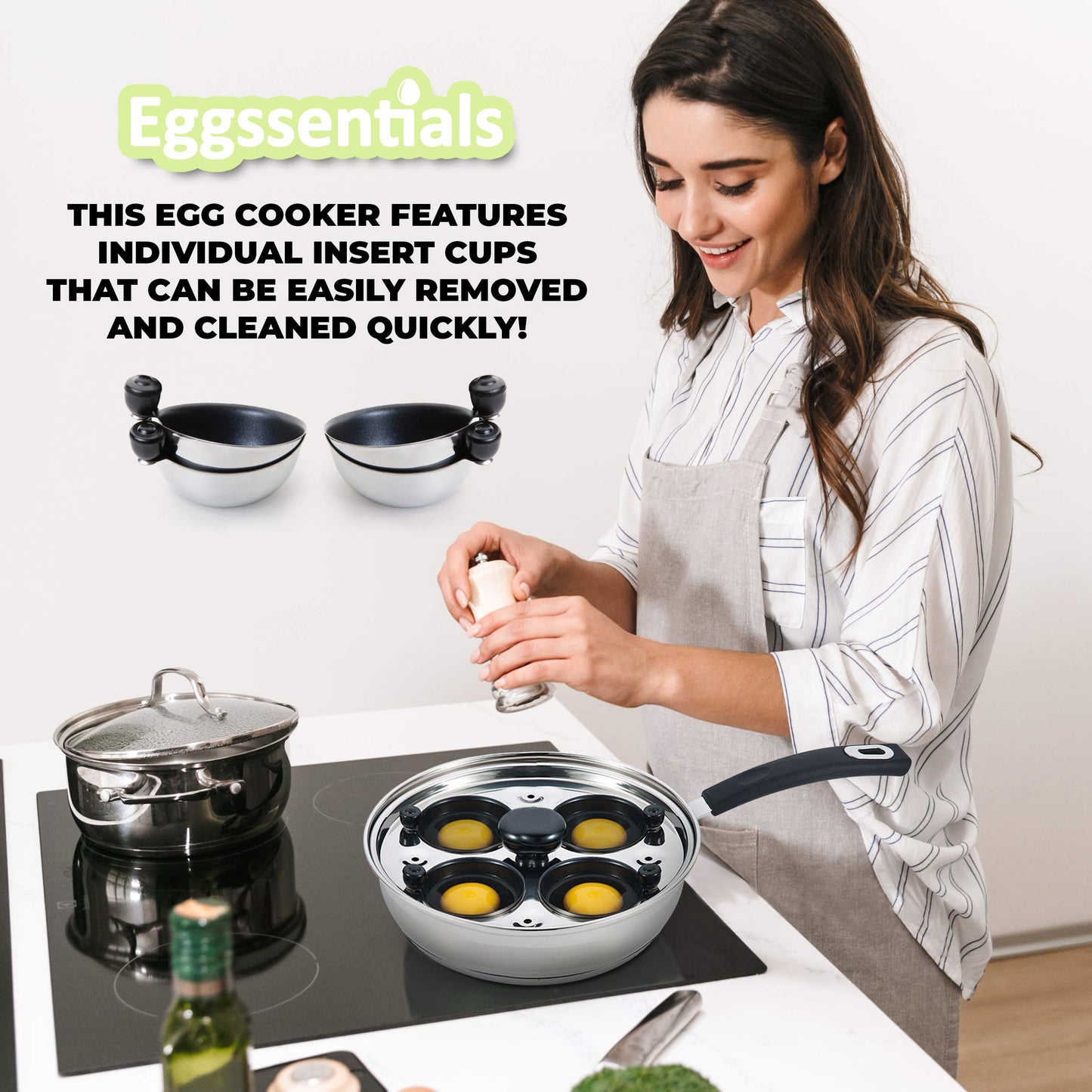 Egg Poacher - Eggssentials Poached Egg Maker, Stainless Steel Egg Poaching Pan, Poached Eggs Cooker Food Grade Safe PFOA Free with Spatula