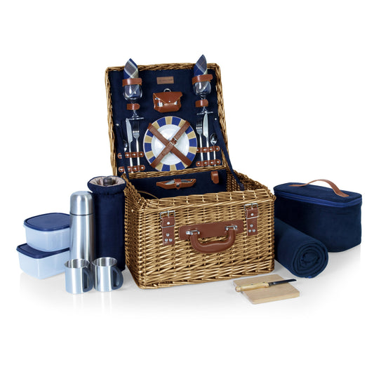 PICNIC TIME Romantic Canterbury Deluxe Wicker Picnic Basket Set for 2, with Blanket and Soft Cooler, One Size, Navy with Plaid