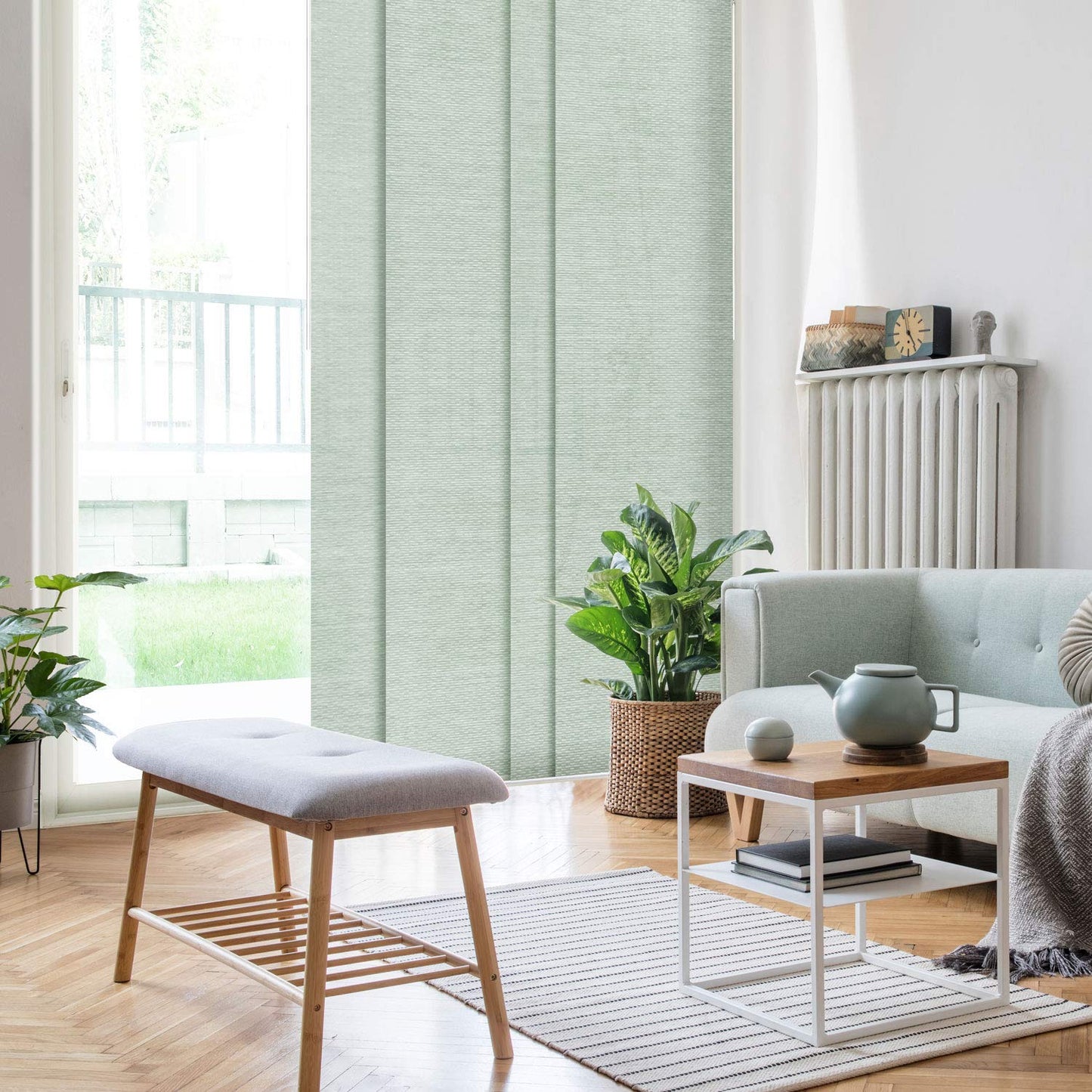 GoDear Design Adjustable Sliding Panel Track Sliding Glass Door Blinds 45.8"- 86" W x 96" H, Extendable Vertical Blinds for Patio Doors, Green Shimmering Trimmable Woven Fabric Panel, Semi-Sheer, Jade