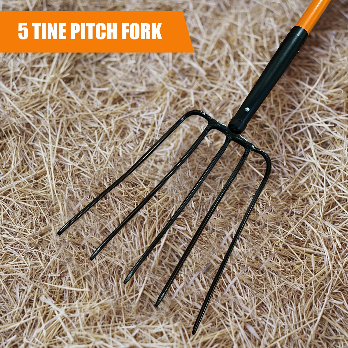 VNIMTI Pitch Fork for Gardening, 5 Tine Pitchfork Heavy Duty with Fiberglass Handle, 58 Inches