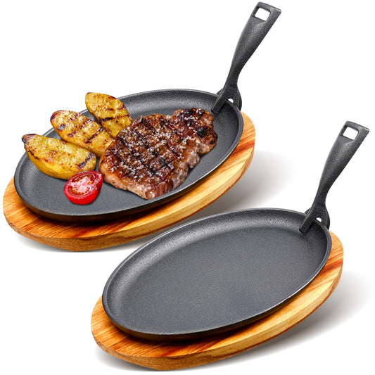 FoldTier Cast Iron Skillet Set 10.63'' x 6.89'' Fajita Plate Sizzling Pan with Wooden Base Anti Scald Protection Removable Handle for Restaurant Kitchen Cooking Accessory BBQ Party(2 Sets)