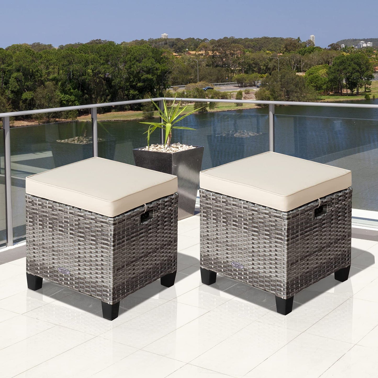 RELAX4LIFE 2-Piece Patio Rattan Ottomans - Outdoor Wicker Furniture w/ 2 Footrest Stools, Comfortable Cushions & Steel Metal Frame, All-Weather Patio Set for Backyard,Garden (White)