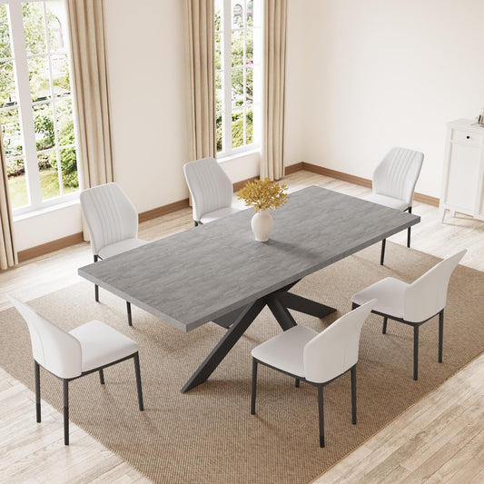 ZckyCine 6-8 People Modern Dining Table Rectangular Kitchen Dining Table Space-Saving Expandable Dining Table Metal Frame (Gray Table + 6 White Chairs)