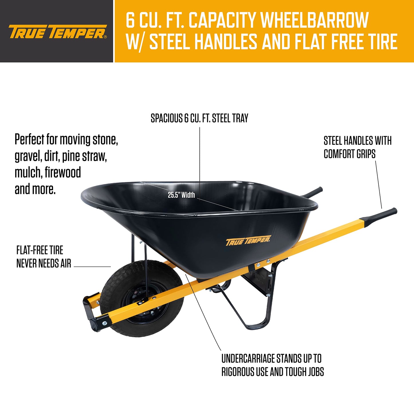 True Temper R6STFFEC 6 Cu. Ft Steel Tray Wheelbarrow with Never Flat Tire & Steel Handles, Black