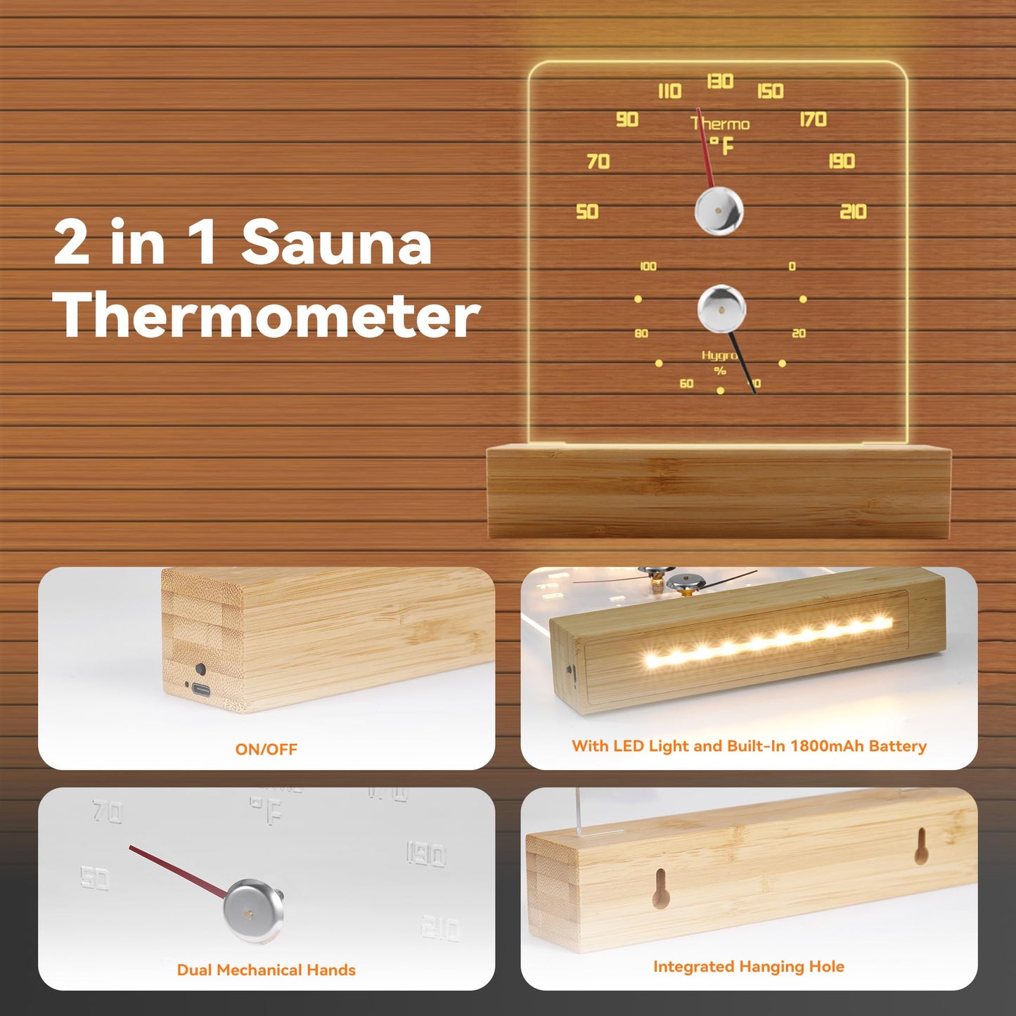 Yofidra Sauna Thermometer 2 in 1 Fahrenheit Thermometer Hygrometer with LED Light Sauna Accessories for Sauna Room Hotel