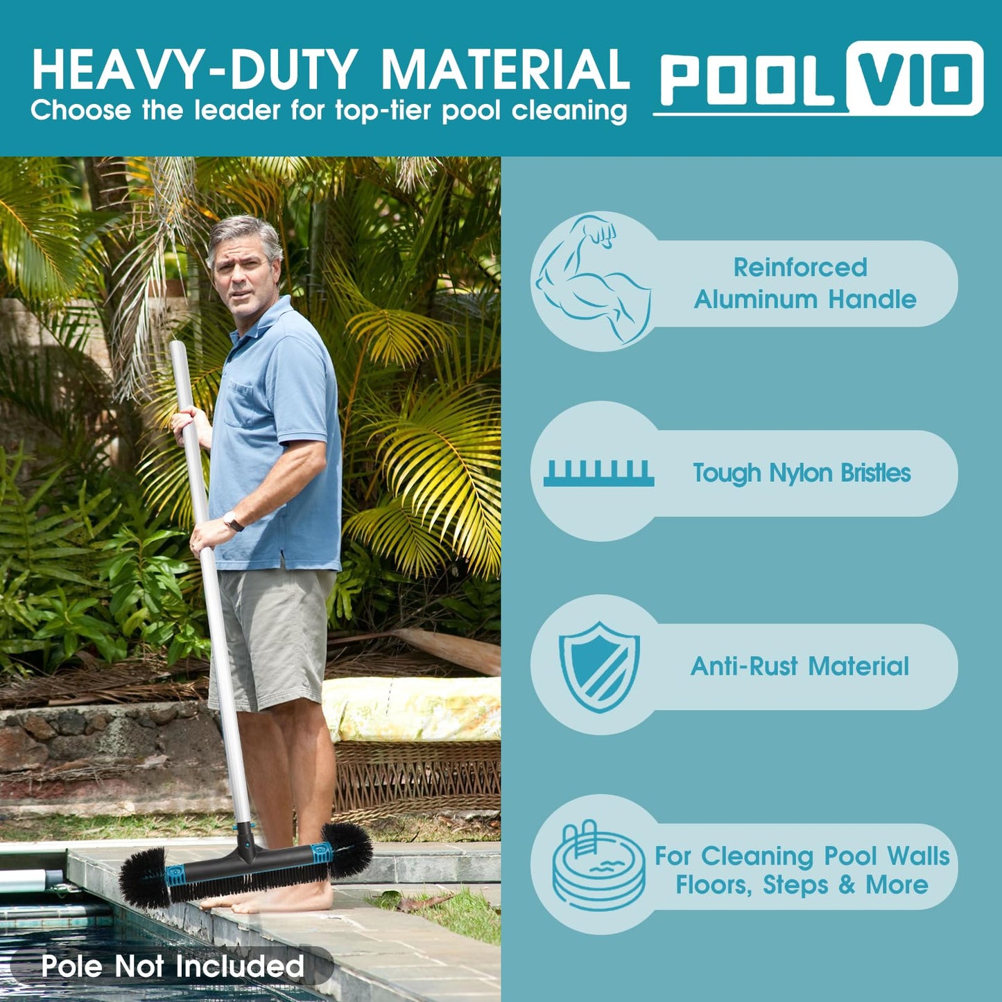 Poolvio 20" 2 in 1 Pool Brush Head for Swimming Pool, Heavy Duty Scrub Brush with EZ Clip & Wavy Nylon Bristles for Cleaning Pool Walls, Floors, Steps (Pole not Included)