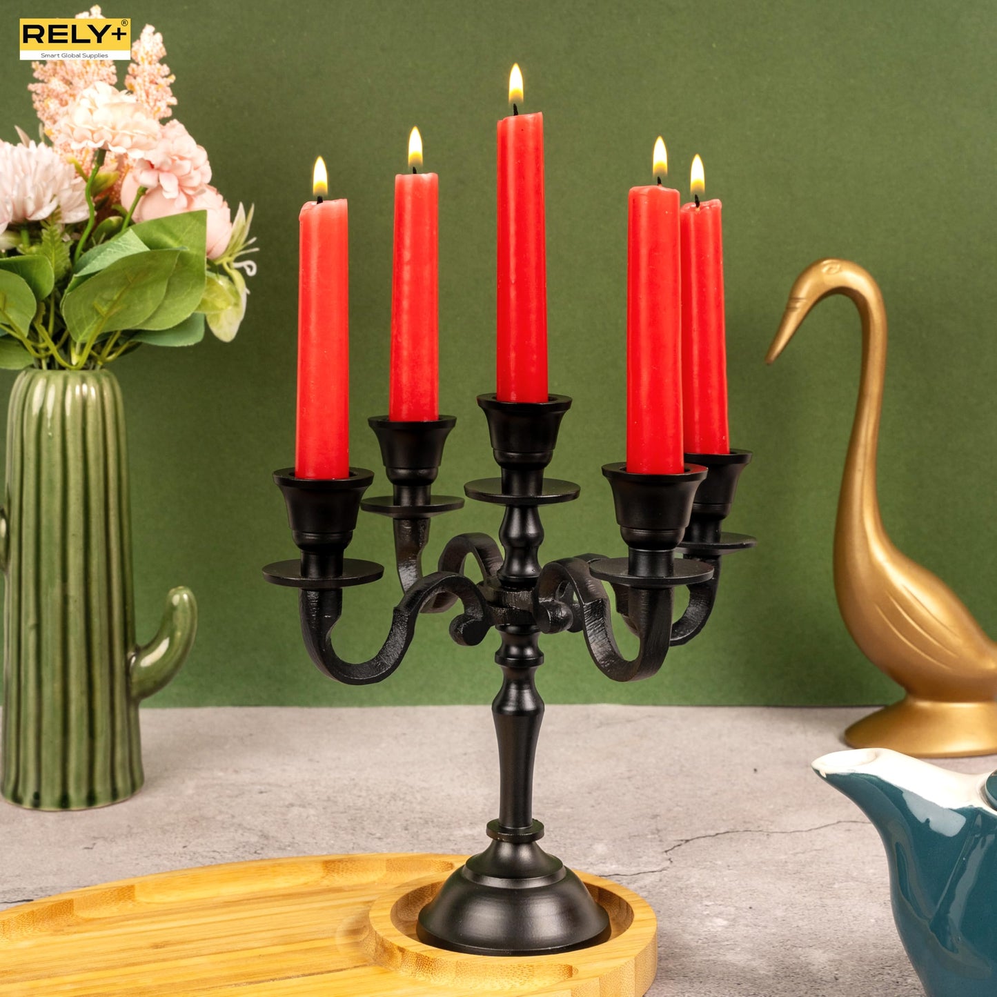 Rely+ 5 Arm Baby Candelabra Black Matte 8" Tall - Taper Candle Holders - Candle Stands - Candlesticks Holders for Home Decor, Wedding, Party, Dining Table Centerpiece, Fit 3/4 inch Mini Candles