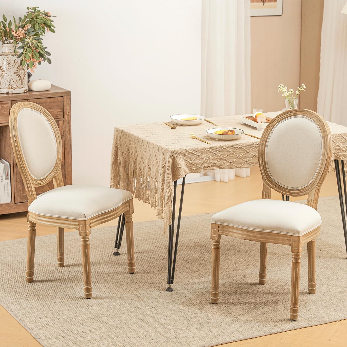 Furniliving French Country Dining Chairs Set of 4, Upholstered Dining Room Chairs with Round Back Farmhouse Kitchen Chairs for Living Room, Kitchen, Restaurant (Beige-Round)