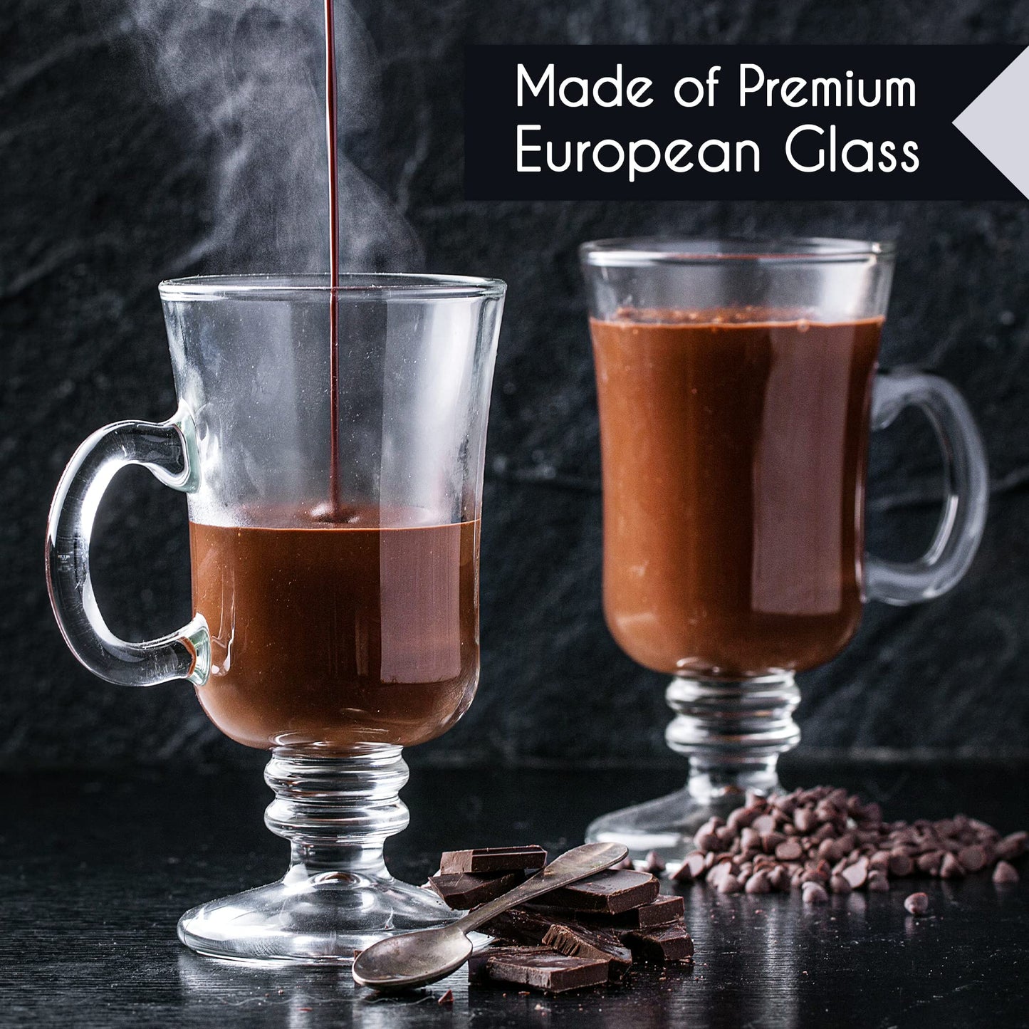 Volarium Irish Coffee Glass Mugs, Latte Cups, Set of 2 Cappuccino and Hot Chocolate Mugs with Handle, Clear Glass Mugs for Hot Beverages, 7 3/4 oz