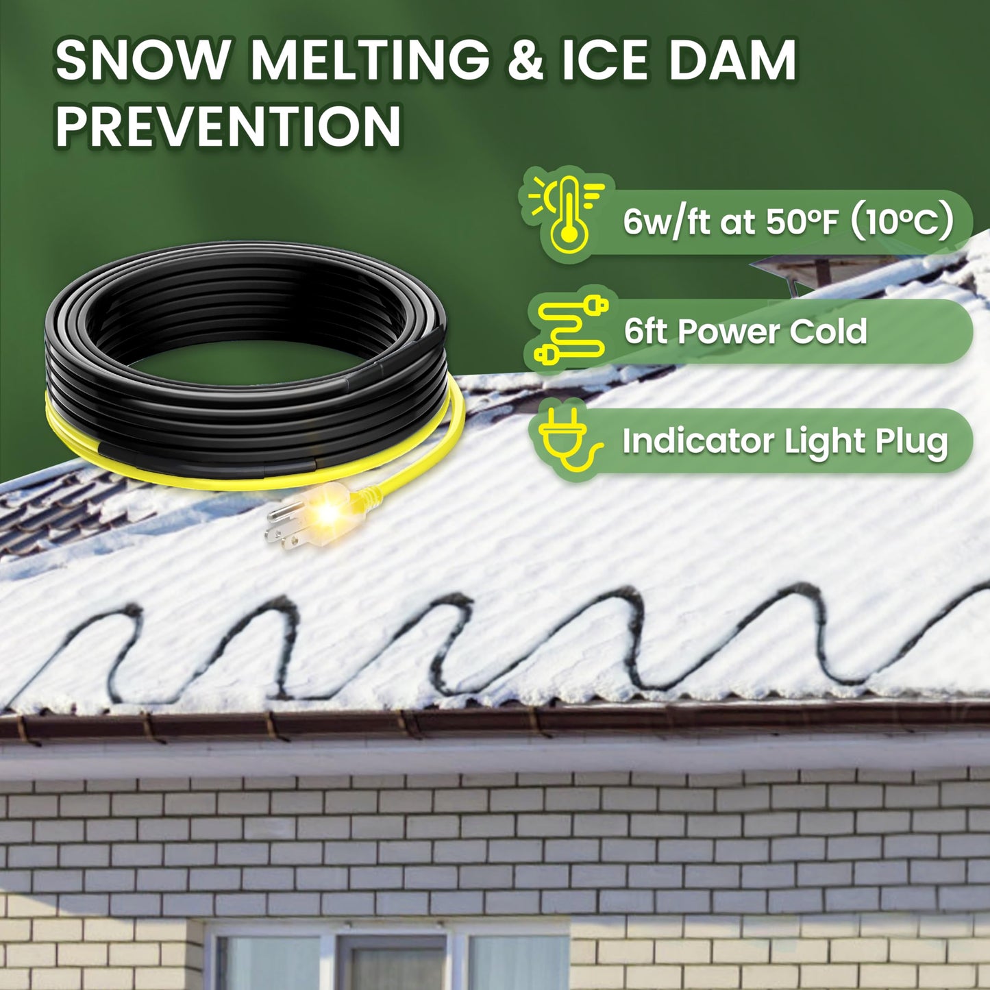 Gutter Heat Trace Cable YeloDeer, Self Regulating Heat Tape for Roofs with 6 ft Power Cold Lighted Plug, 6 W/Ft 120 V 15 ft.