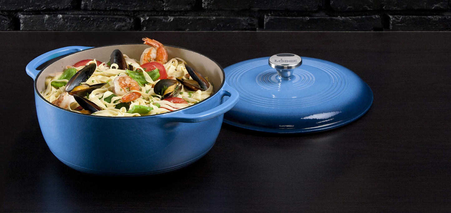 Lodge 6 Quart Enameled Cast Iron Dutch Oven with Lid – Dual Handles – Oven Safe up to 500° F or on Stovetop - Use to Marinate, Cook, Bake, Refrigerate and Serve – Blue