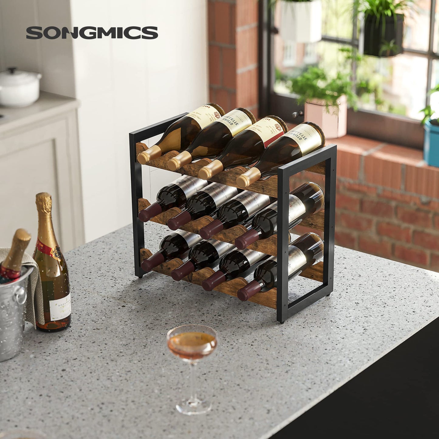 SONGMICS Wine Rack, 3 Tier Tabletop Wine Water Bottle Organizer Storage, Large Capacity Holds 12 Bottles, Bamboo Countertop Wine Holder Shelf for Kitchen Bar Cabinets Pantry, Rustic Brown and Black