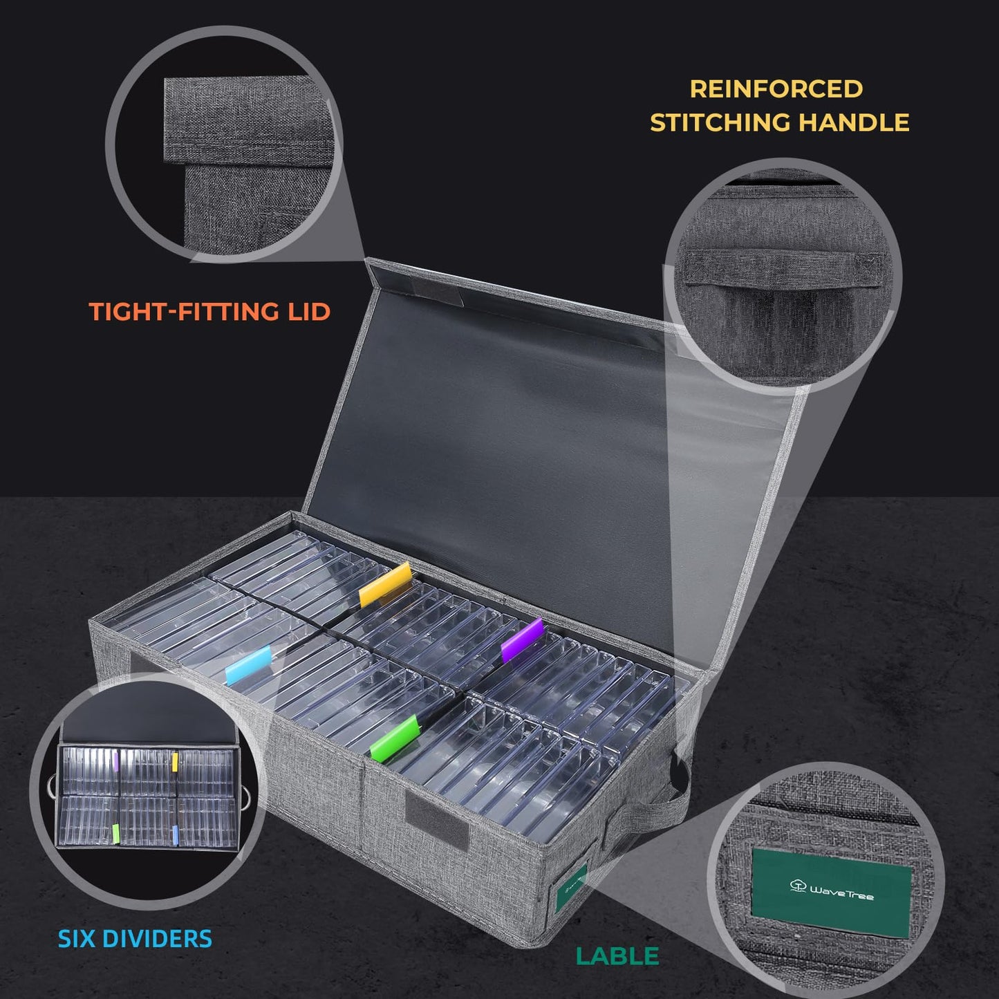 T WaveTree Cassette Tape Storage Box Pack of 2, Practical Cassette Tape Holder 16.34 x 9.25 x 3.54 Inch, Cassette Rack with Lids and Index Labels to store to 96 Cassette Cases - Gray