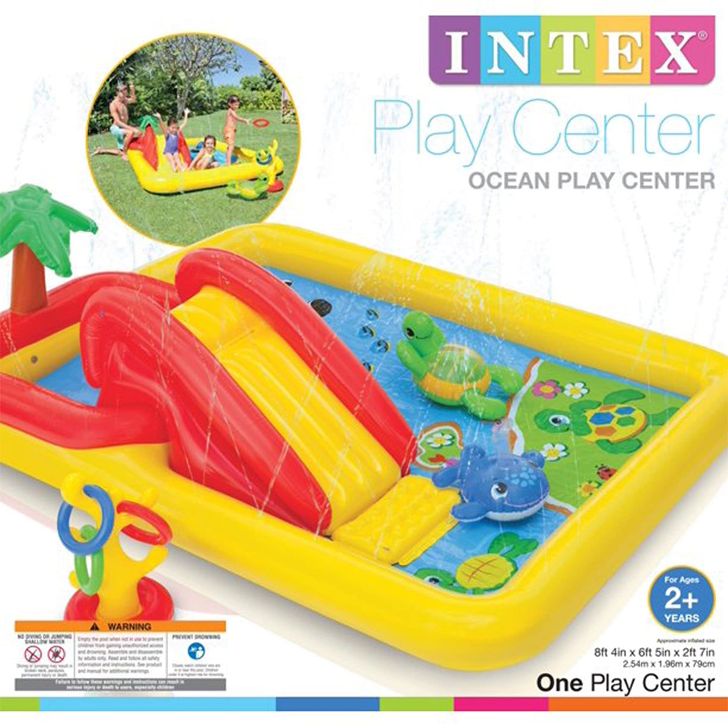 Intex 100" x 77" Inflatable Ocean Play Center Kids Backyard Kiddie Pool and Water Game Outdoor Set with Water Slide and Built-in Sprayer