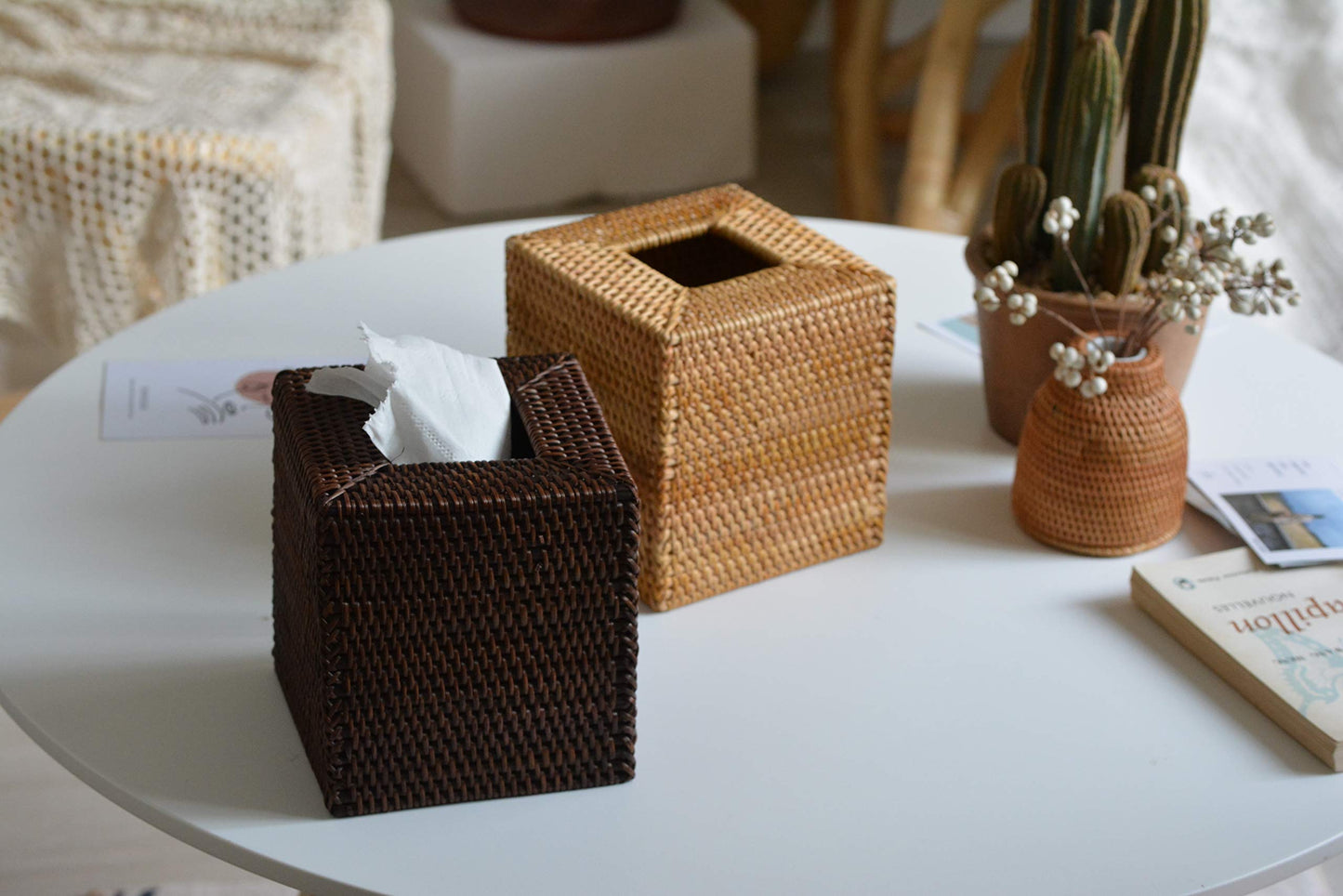 Rattan Tissue Box Cover Square, Hand Woven Wicker Tissue Holder, 5.5 x 5.5 X 5.7 inch, Natural