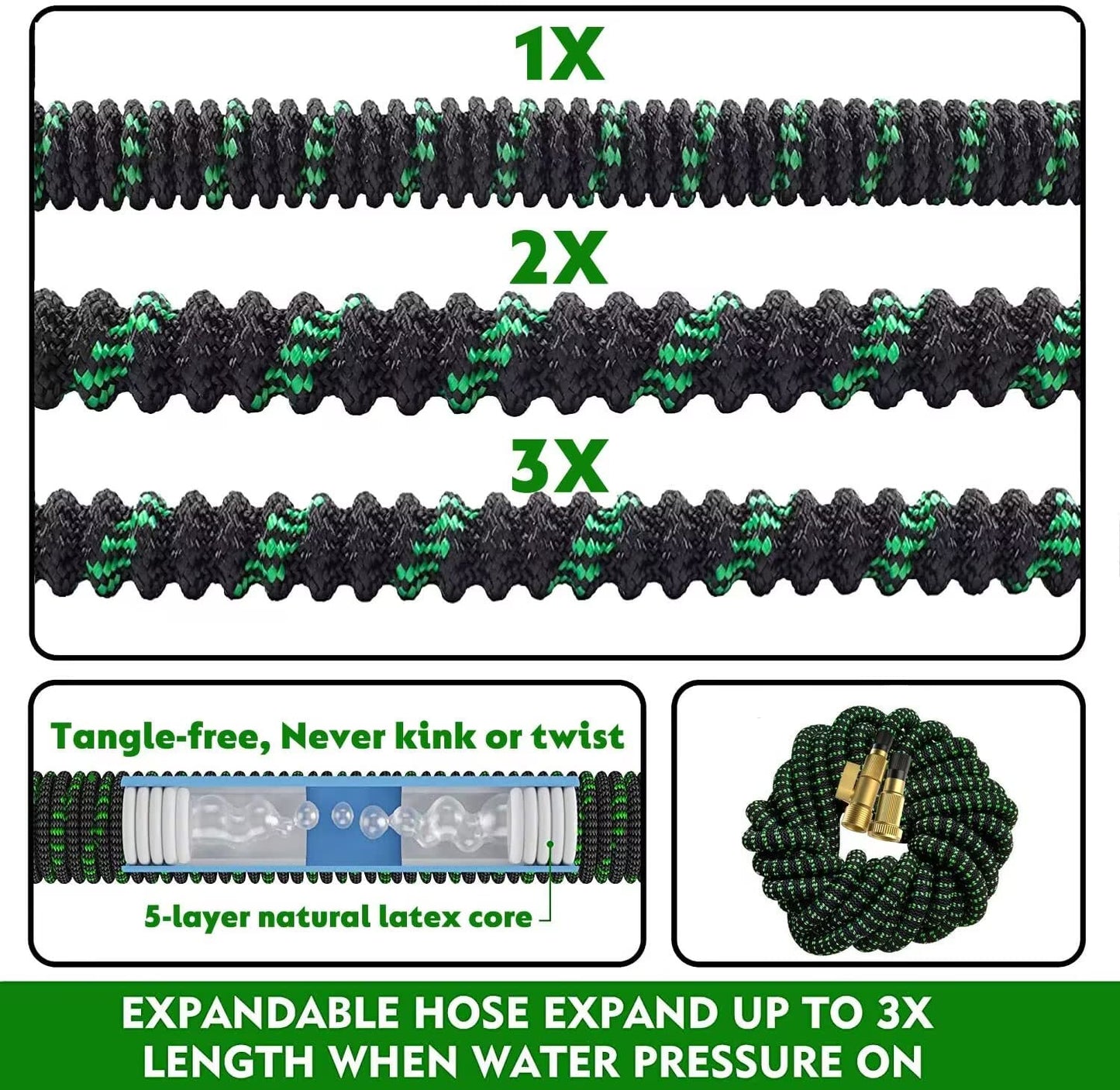 100 ft Expandable Garden Hose - All New 2024 Retractable Water Hoses with 3/4" Solid Brass Fitting, Extra Strength Fabric - Flexible Expanding Hose with 10 Pattern Spray Nozzle