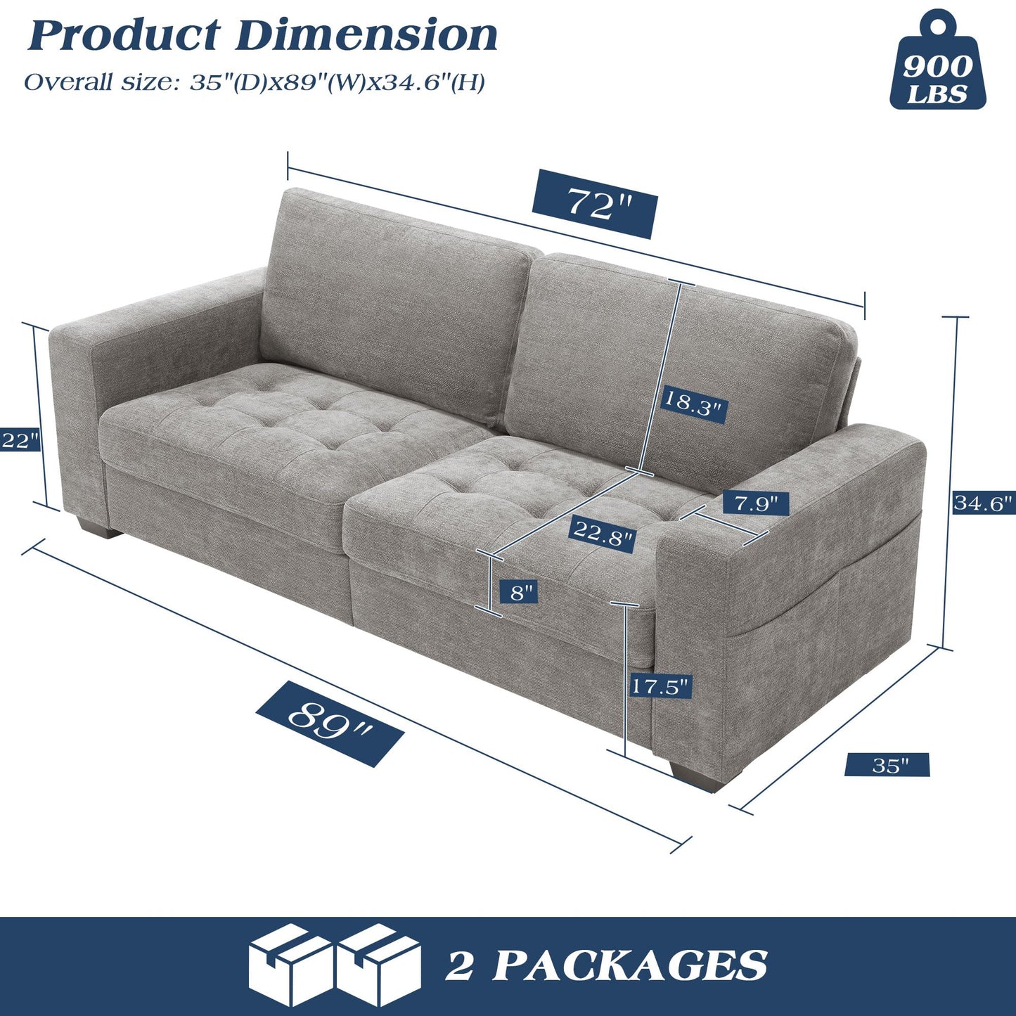 WorthFurni 89 Inch Modern Sofa Couch with USB Port & Side Pockets, Chenille Fabric 3 Seater Couch,Comfy Washable Small Sofas & Couches for Living Room Bedroom Apartment（Grey）