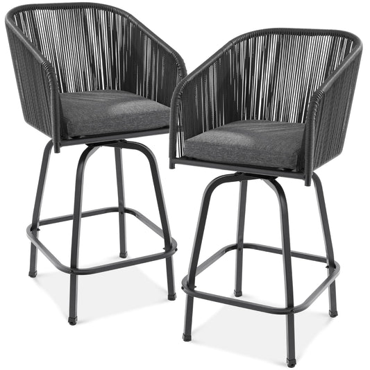 Best Choice Products Set of 2 Woven Wicker Swivel Bar Stools, Patio Bar Height Chair for Backyard, Pool, Garden, Deck w/ 360 Rotation, 250lb Capacity - Black/Gray