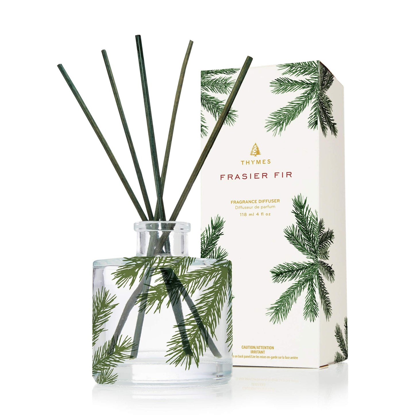 Thymes Petite Frasier Fir Diffuser - Pine Needle Design - Home Fragrance Diffuser Set includes Reed Diffuser Sticks, Fragrance Oil, and Glass Bottle Oil Diffuser (4 fl oz)